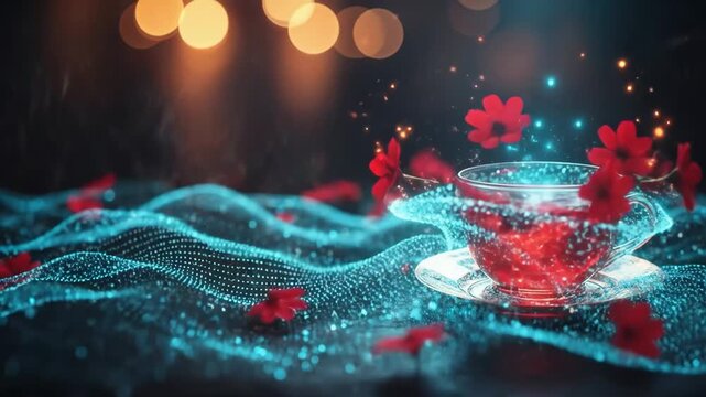 Cup of red tea surrounded by emerging red flowers on blue wavy surface. Surreal beverage animation with warm bokeh lights and floating petals video footage video footage