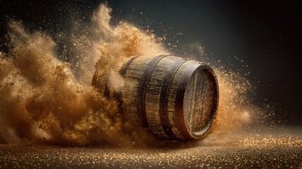 Premium Barrel Rolling Through Golden Dust With Strong Contrast in a Dynamic Setting