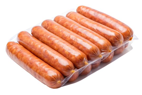 Sausages, Pack of eight uncooked pork in clear plastic packaging on a white tray, cutout, PNG, isolated on transparent background, AI