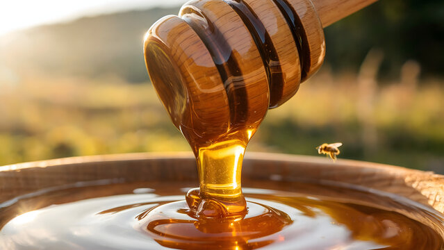 Golden honey dripping from wooden dipper, flying bee in sunny nature background, organic sweet food concept, liquid gold macro closeup, warm sunset light.