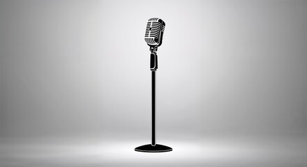 Vintage microphone on a stand in minimal studio style, black and silver colors, representing music performance and broadcasting with space to copy