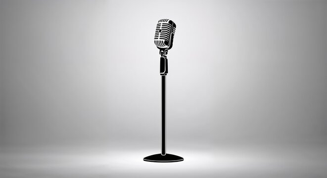 Vintage microphone on a stand in minimal studio style, black and silver colors, representing music performance and broadcasting with space to copy - Powered by Adobe