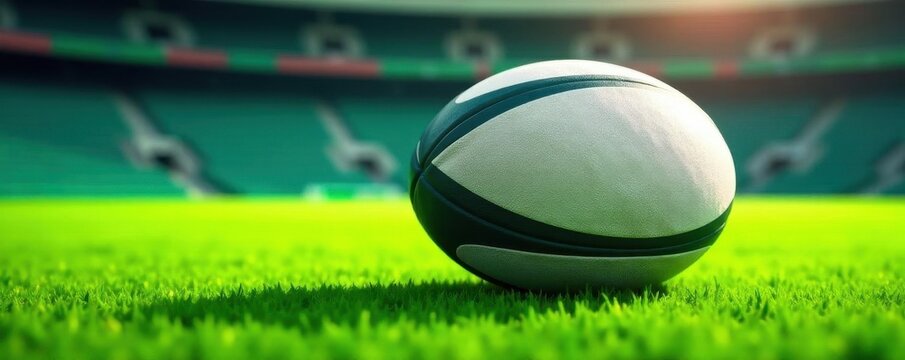 Close-up of rugby ball on vibrant green stadium turf , leather, turf - Powered by Adobe