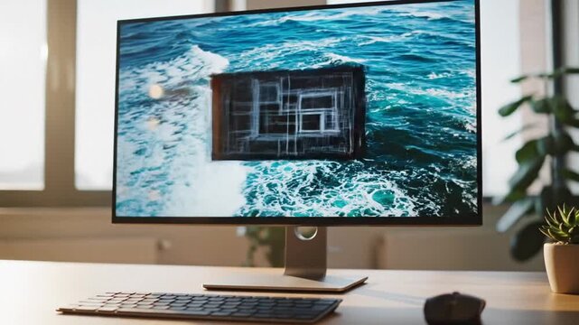 Modern computer desktop with screen keyboard mouse on wooden office table workspace