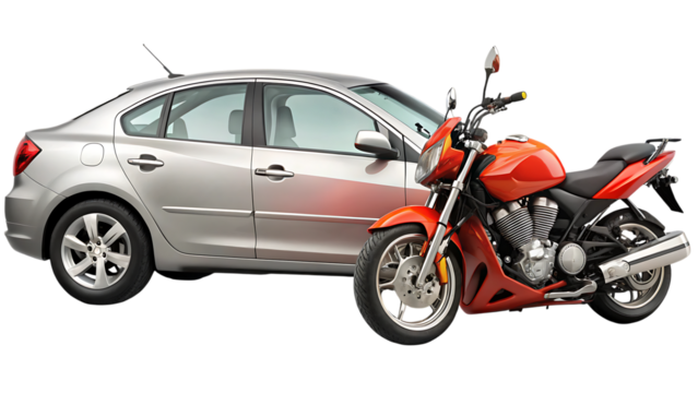 Car and motorcycle, Silver sedan and orange motorcycle side by side on white background, cutout, PNG, isolated on transparent background, AI