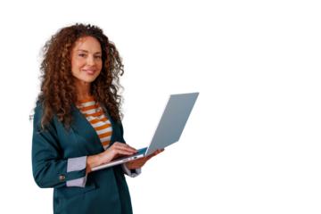 Businesswoman standing, smiling and typing on a laptop, using technology for professional communication on transparent background