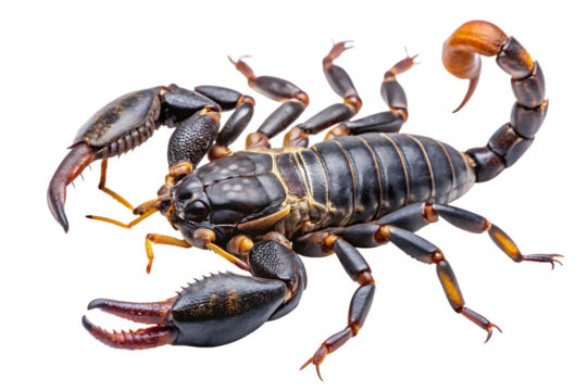 Scorpion, Giant with dark exoskeleton and orange accents on tail and claws, cutout, PNG, isolated on transparent background, AI
