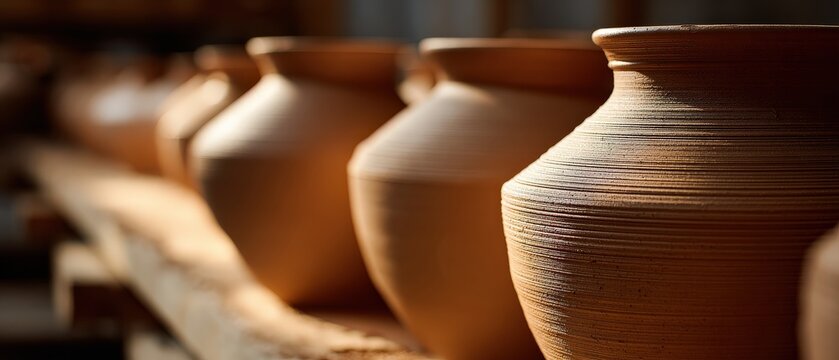 Row of handcrafted terracotta pottery jars with textured surface in a workshop Concept of traditional craftsmanship, artisan work, and ceramic art
