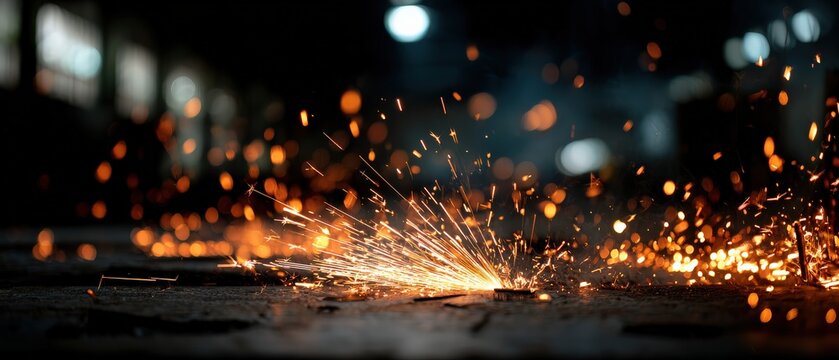 Fiery sparks flying from metal grinding in dark industrial setting Concept of metalwork, construction, and manufacturing with dynamic light