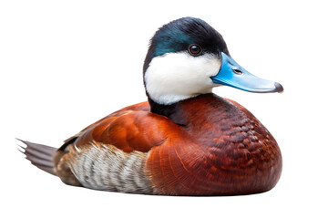 Ruddy duck, Male with striking blue bill and white cheek patches resting, cutout, PNG, isolated on transparent background, AI