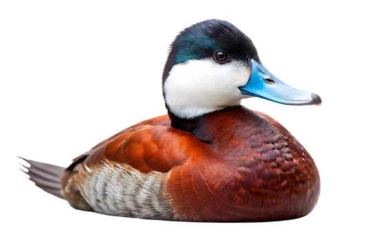 Ruddy duck, Male with striking blue bill and white cheek patches resting, cutout, PNG, isolated on transparent background, AI