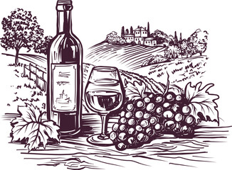 Wine Glass, Bottle, Grape against the Backdrop of a Rural Landscape with Vineyards, Vintage Ink Illustration