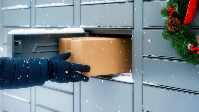 Gloved hand places cardboard box into metal postal locker during snowfall, suggesting winter delivery and seasonal cheer, ideal for Christmas sale or Black Friday promotions.
