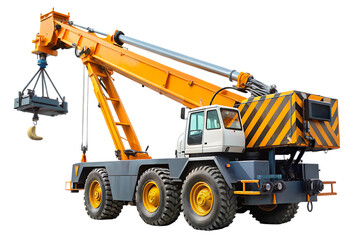 Fototapeta premium Crane, Heavy duty yellow and grey mobile lifting a metal load with a hook, cutout, PNG, isolated on transparent background, AI