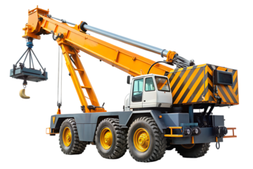 Crane, Heavy duty yellow and grey mobile lifting a metal load with a hook, cutout, PNG, isolated on transparent background, AI