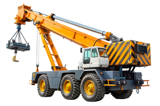 Crane, Heavy duty yellow and grey mobile lifting a metal load with a hook, cutout, PNG, isolated on transparent background, AI