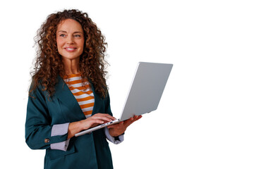 Businesswoman with curly hair smiling, looking away while using a modern laptop. Transparent background for easy integration