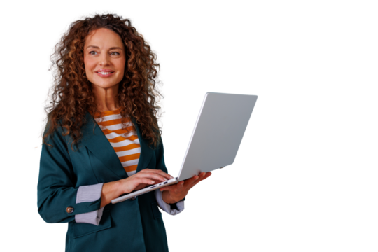 Businesswoman with curly hair smiling, looking away while using a modern laptop. Transparent background for easy integration - Powered by Adobe