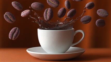 White coffee cup with coffee beans flying out of it. Concept of excitement and energy, as if the coffee is being poured out with great force