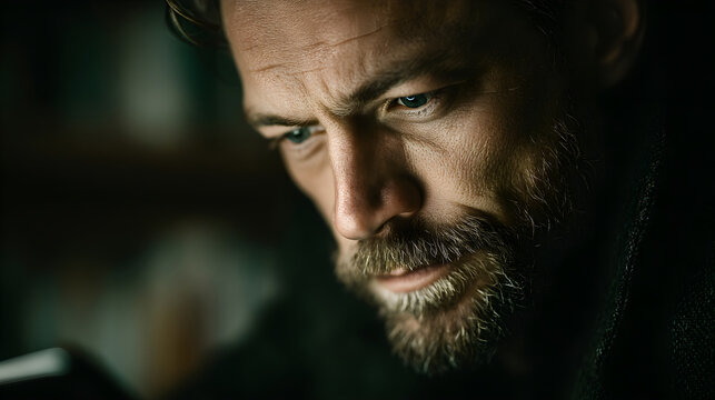 Man concentrating on a serious, focused task in darkness