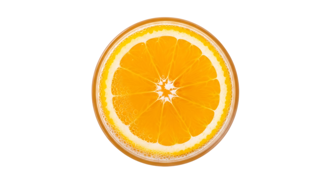 Close up overhead view of a juicy orange slice with visible segments and bubbles in a clear liquid isolated on a transparent background