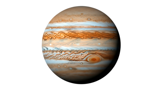 Detailed view of the gas giant planet Jupiter with swirling orange white and blue cloud bands isolated on a transparent background - Powered by Adobe