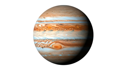 Detailed view of Jupiter's swirling cloud bands and Great Red Spot isolated on a transparent background