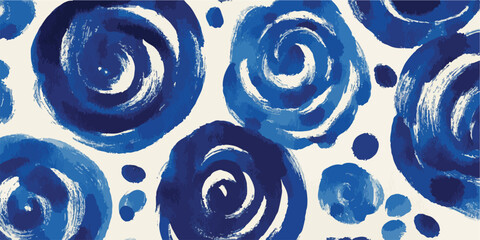 Abstrakcyjny wzór akwarelowych róż w odcieniach kobaltowego błękitu na jasnym tle.