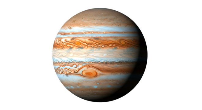 Detailed view of Jupiter's swirling cloud bands and Great Red Spot isolated on a transparent background