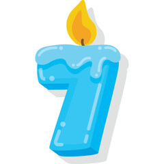 Blue Number Seven Candle With Yellow Flame On Transparent Background For Birthday Celebration