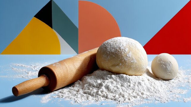 Wooden rolling pin sits on top of a mound of flour. The dough is ready to be rolled out and shaped into a pizza crust