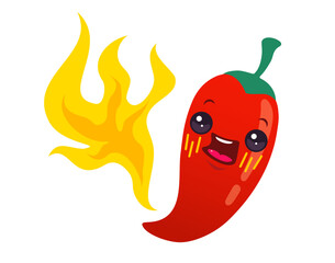 Vector illustration of a spicy chili peppers with flame. Cartoon red chilli pepper with flame for Mexican or Thai food. Cartoon baby chillies and fire in chibi style.