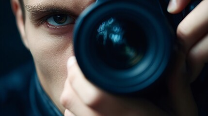 Man holding a dslr to his eye, peering through the viewfinder and lens with focused attention, capturing a decisive moment in photography, surveillance, or journalism