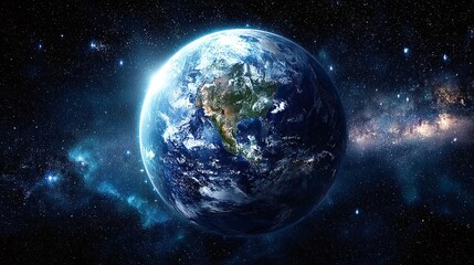 Planet earth highlighting north america and parts of africa, glowing against a star filled cosmos with nebulae, conveying exploration, connection, and global perspective