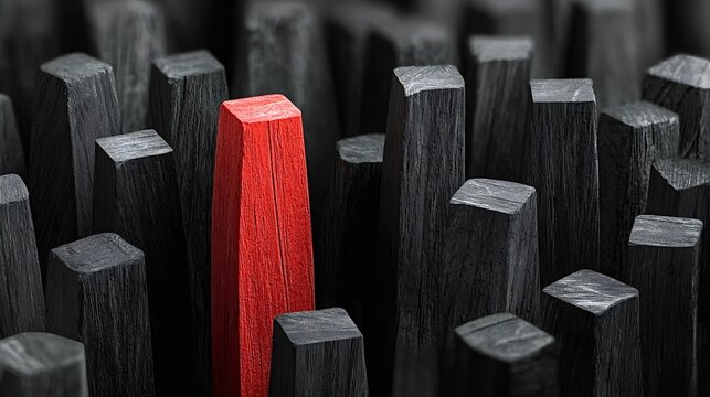 Individual red wood block rising above many identical charcoal pieces, symbolizing leadership, difference, individuality, standing out from the crowd, and unique strength - Powered by Adobe