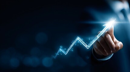 Hand of a business person interacting with a futuristic glowing arrow chart, symbolizing growth, progress, and increasing financial performance in a digital context