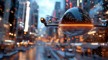This image captures an advanced drone hovering in a neon-lit city environment, highlighting the intersection of modern technology and urban culture during festive times.
