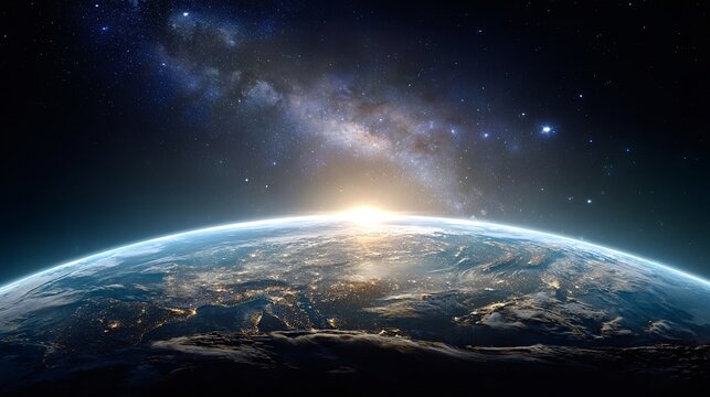 Earth's curved horizon at dawn, city lights fading as a glowing sunrise and the milky way stretch across deep space, evoking global connection and new beginnings