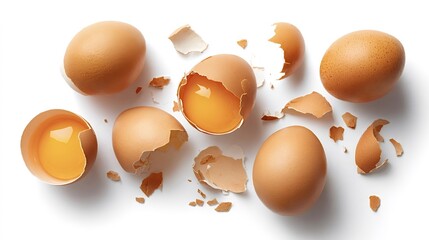 Brown eggs, whole and cracked, with vibrant orange yolks and scattered shells arranged in a neat overhead flat lay on a clean white background for food and cooking scenes