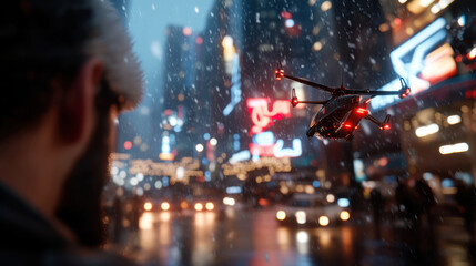 A drone is depicted hovering above a shimmering urban landscape, filled with festive lights, illustrating the blend of technology and urban life during a magical winter evening.