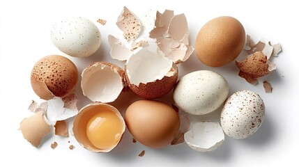 Scattered eggs, both whole and broken, showing shells, egg whites, and a vibrant yellow yolk, creating a still life composition on a clean white surface