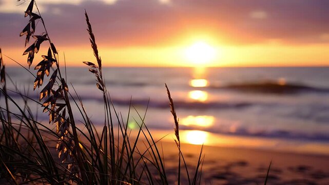 Vibrant beach sunset over the ocean with silhouetted dune grass Golden hour reflection on calm waves creating a peaceful and picturesque coastal nature scene
