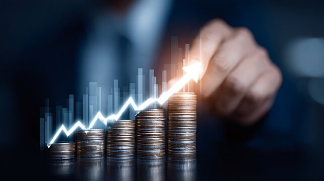 Businessman hand reaching up to a glowing arrow on a digital stock market chart over growing stacks of coins, illustrating concepts of investment, growth, and financial success