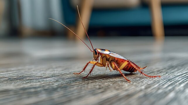 Cockroach crawling across a clean wood floor inside a modern house, a common household pest creating unsanitary conditions and requiring insect control