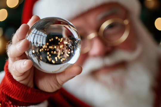 An elderly man holds a crystal glass ball close, his smile radiates warmth as it captures shimmering reflections, symbolizing the magic of the holiday season and cherished memories.