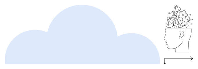 Profile head with blooming flowers symbolizing creativity next to blue abstract cloud and arrow. Ideal for innovation, personal growth, mindfulness, cloud computing, inspiration, forward-thinking