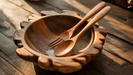 Hand carved wooden bowl with spoon and fork, rustic kitchenware set, empty dish on table, sunlight shadow, eco friendly dining concept.