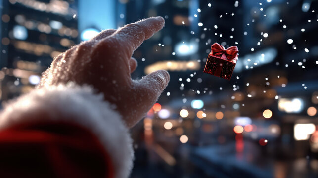An elegant hand reaches out to catch a floating gift amidst a snowy backdrop, symbolizing hope, joy, and the spirit of giving during the Christmas season. - Powered by Adobe