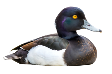 Tufted duck, With iridescent purple neck feathers and bright yellow eye, cutout, PNG, isolated on transparent background, AI
