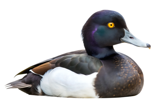 Tufted duck, With iridescent purple neck feathers and bright yellow eye, cutout, PNG, isolated on transparent background, AI